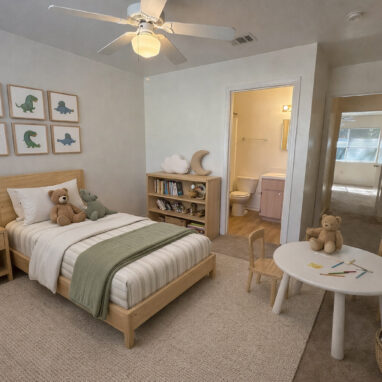 Apartment bedroom with furniture and decor